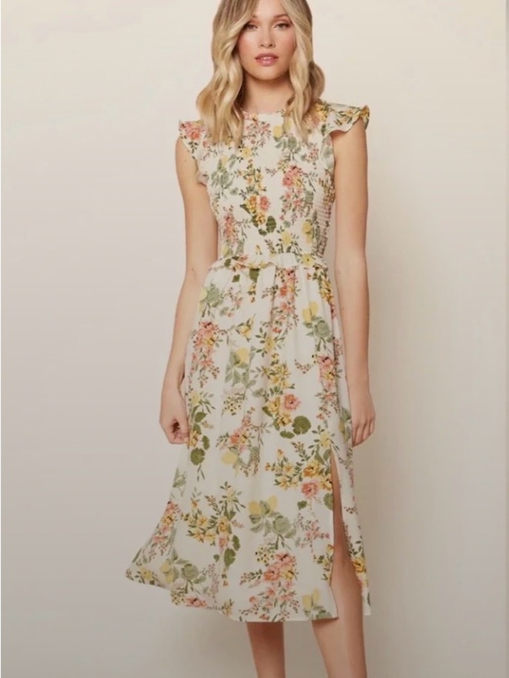 Sugarlips Cream Floral Smocked Midi Small